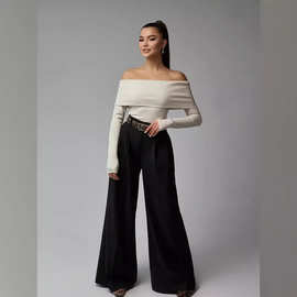 速卖通欧美女装时尚一字肩长袖休闲针织衫性感修身打底衫女