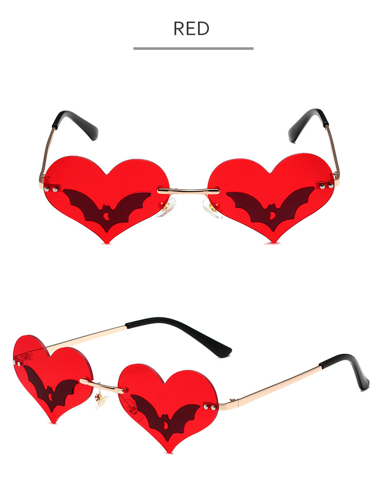 36g Weight Frameless Glasses Structure Sunglasses Classification PC, UV400 Protection Lens Material Special-Shaped Mirror Glasses Style Daily, Street Occasion Halloween Festival Heart Shape, Bat Pattern Unisex Gender Streetwear Style Black Color Streetwear Heart Shape Bat PC UV400 Protection Special-Shaped Mirror Frameless Women's Sunglasses 7