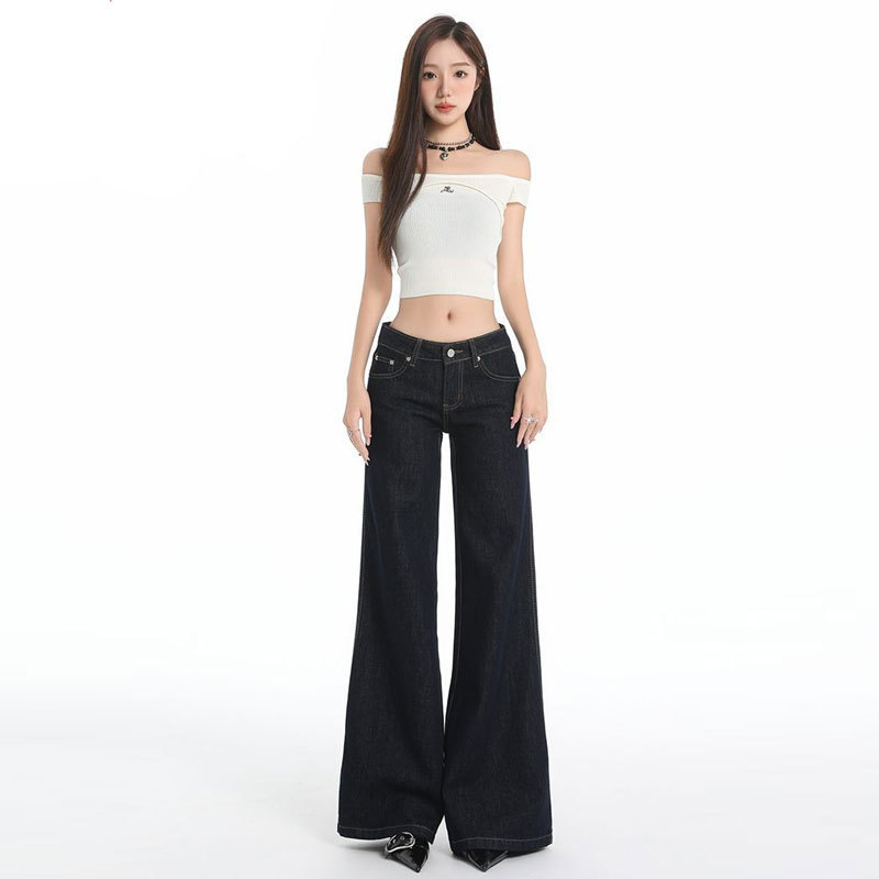 Slim Dark Blue Non-Leg-Fitting Bootcut Jeans for Women 2025 Autum New Low-Waist Small Draped Flared Pants