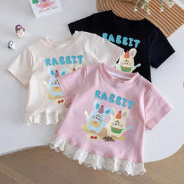 夏季2025新款卡通甜美洋气印花女童宝宝儿童花边短袖T恤上衣外穿t