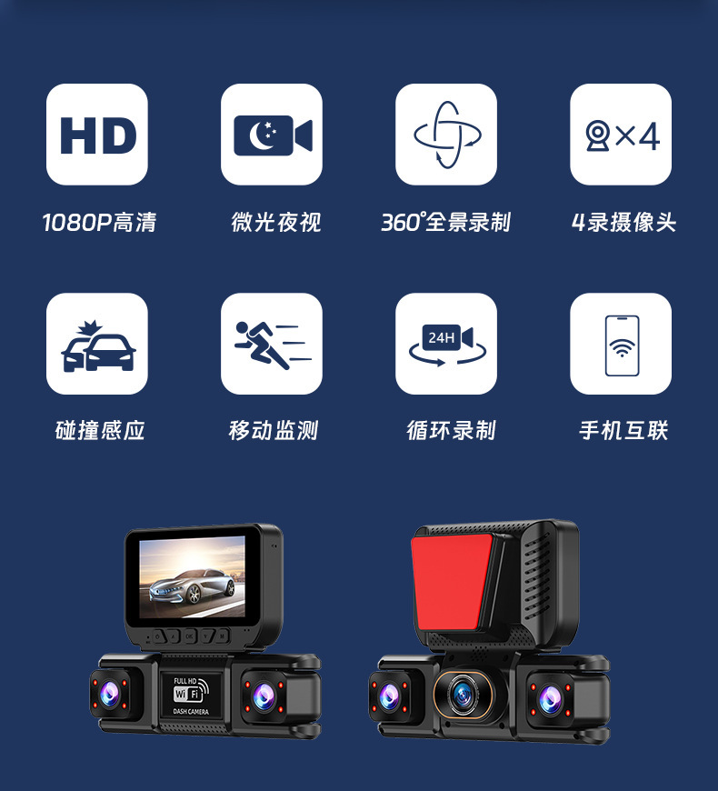 XC406 four-channel dashcam with front and rear dual recording plus four lenses for left and right blind spots, high-definition night vision and reversing image