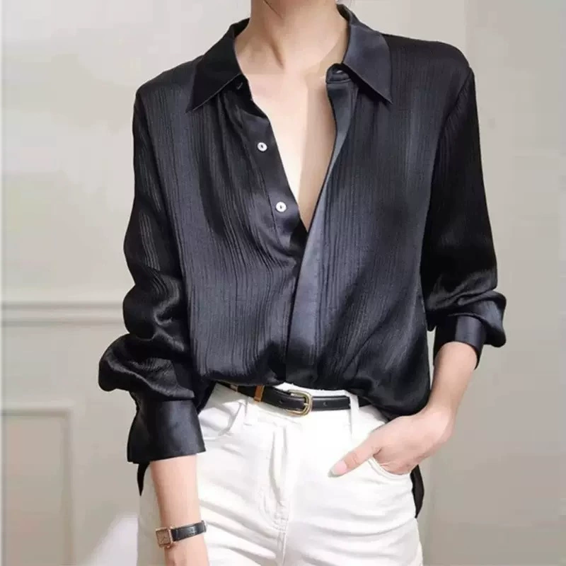 [Спот] Большой размер летнего платья текстура имитация уксусной кислоты высокого уровня складки рубашка толстая мм французская атласная рубашка женщина