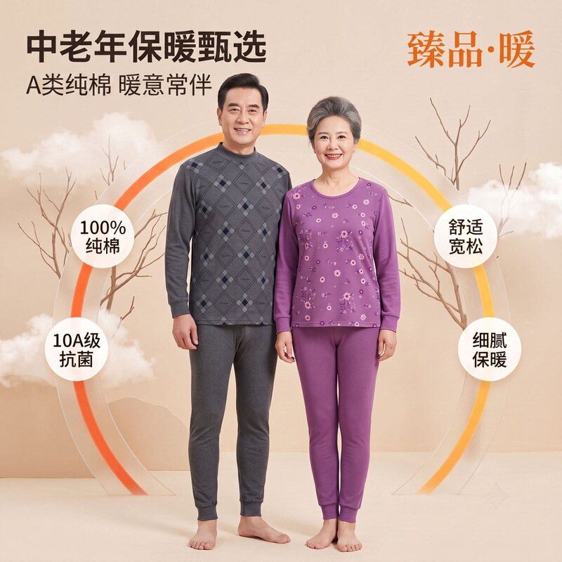 Middle-aged and elderly Class A pure cotton thermal underwear set for men and women, printed, antibacterial, autumn and winter set