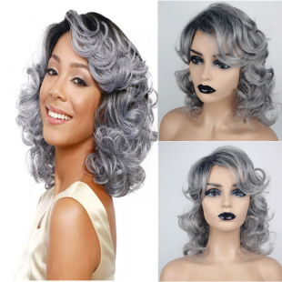 Europe and the United States foreign trade wig female partial simulation long curly hair COS grandma gray dyeing whole top full head cover factory supply