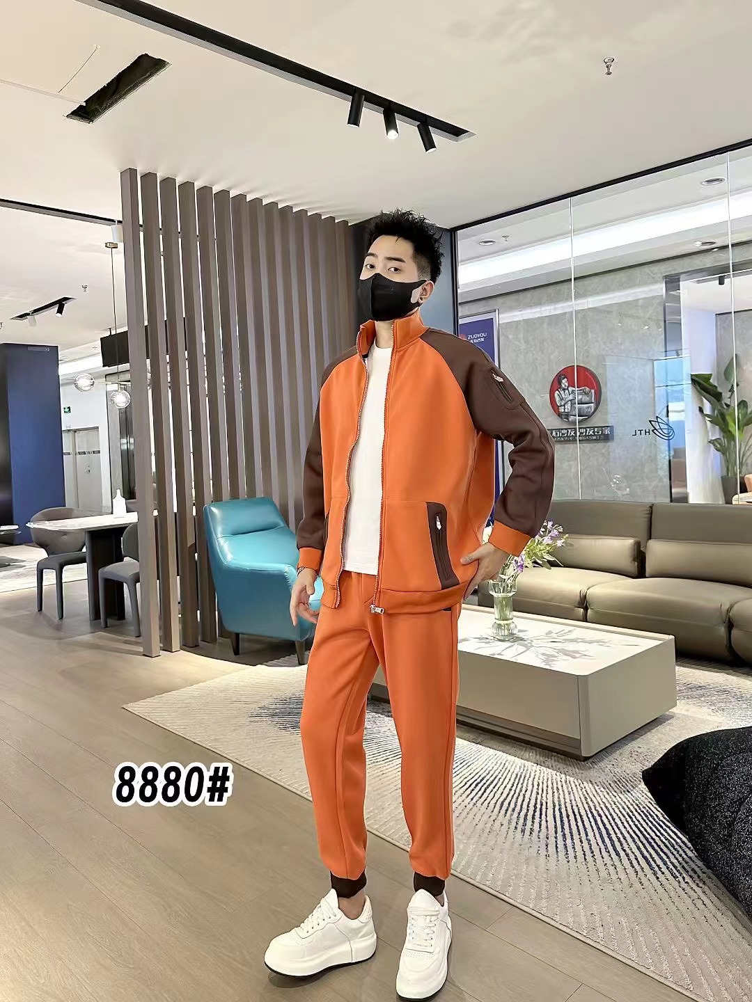 New Men's Autum High-End Stitching Contrasting Color Casual Suit Trendy Fashion Sports Handsome Jacket and Sweatpants Complete Set 3