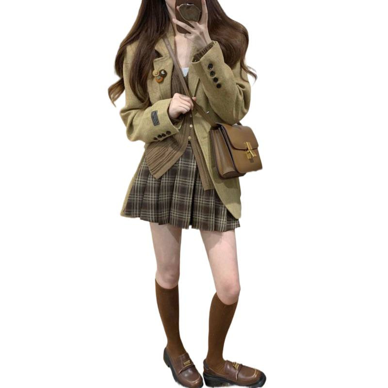 美拉德复古毛呢西装外套女秋季新款针织上衣百褶半身裙三件套|undefined