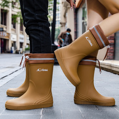 Cross-border exclusive couple rain boots with mid-calf waterproof drawstring for women, anti-slip and wear-resistant work rubber boots, dropshipping one piece