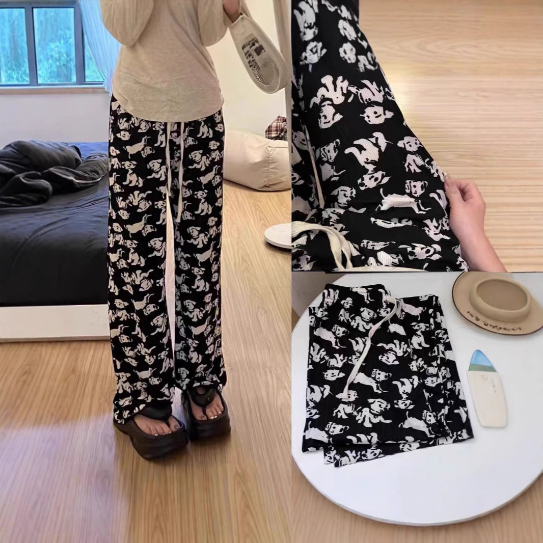 2025 nuevo estilo de seda de hielo lindo cachorro pantalones casuales de pierna ancha pijama primavera y verano transpirable estilo fino simple y versátil ins