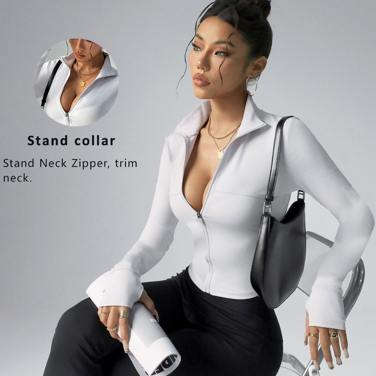 Zhejiang Jin European and American Cross-Border Short Yoga Jacket for Women, Long-Sleeved Fitness Zipper Moisture-Wicking Running Sports Yoga Wear