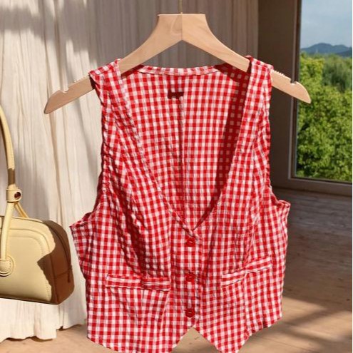 Amazon Temu Cross-Border Red Plaid Sexy Vest Outerwear V-Neck Pure Desire Short Top for Women Summer Red