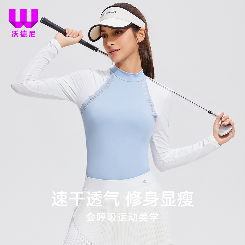 Elegant Golf Sports T-shirt Women's Half-high Neck Long Sleeve Tennis Thin Running Elastic Colorblock Outdoor Top