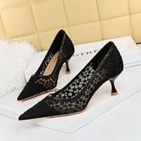1961-5 fashionable sexy banquet women's shoes thin heels high heels shallow mouth pointed mesh hollow lace women's single shoes