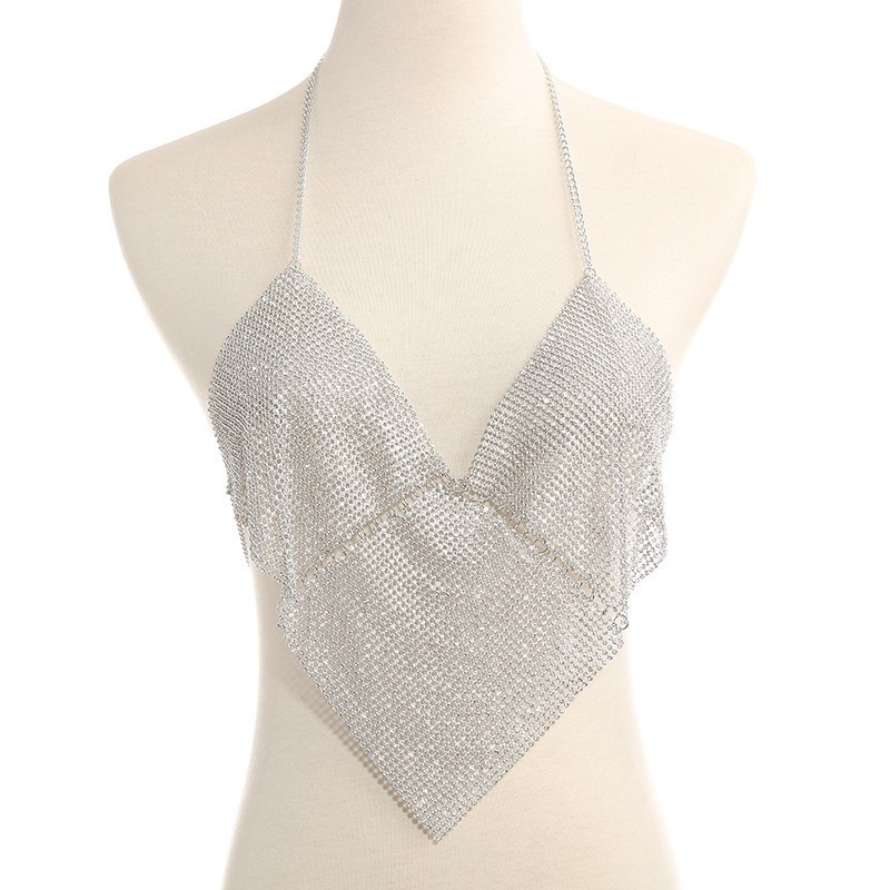 Nueva moda europea y americana de las mujeres discoteca sexy de corte bajo sin respaldo flash diamante costura personalidad triángulo pecho accesorios cuerpo cadena