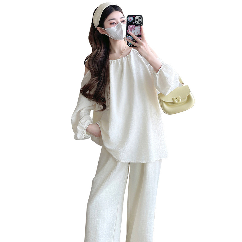 小众孕妇套装2025早秋薄时髦辣妈露肩上衣法式慵懒阔腿裤名媛穿搭|undefined