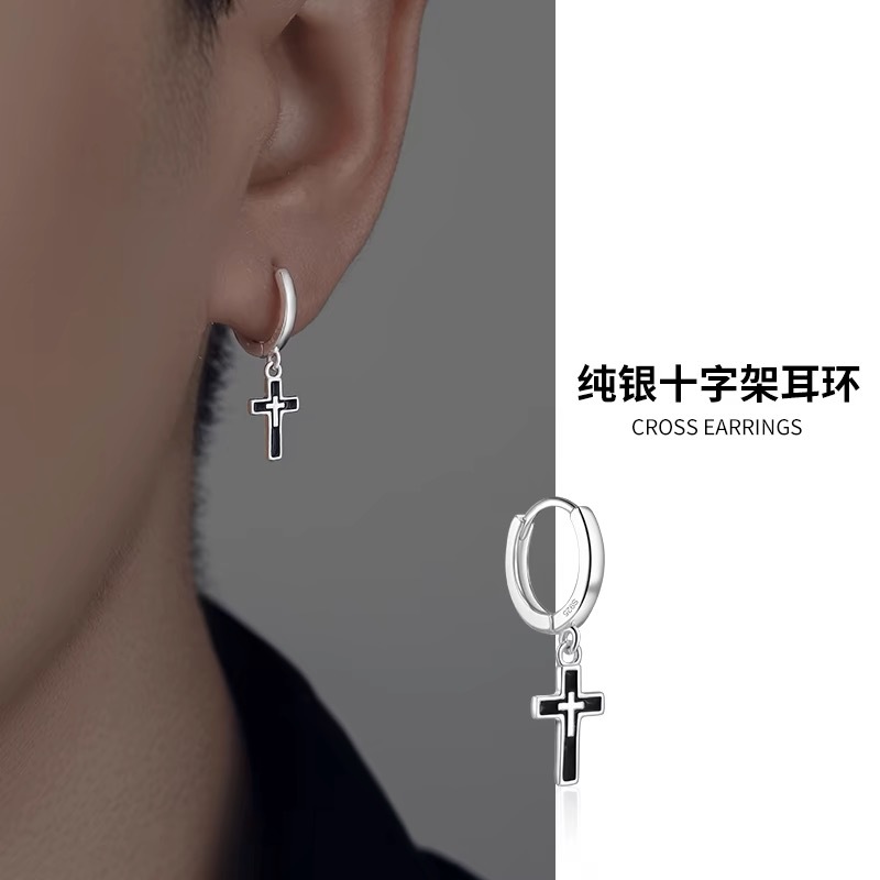 s925纯银简约黑色十字架耳坠冷淡风男款耳扣个性高级感耳环批发