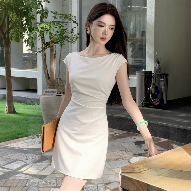French-Style Gentle and Sophisticated Dress for Women, Summer Pleated Waist-Cinching Slimming A-Line Dress, Elegant and Slim-Fitting White Dress for Women