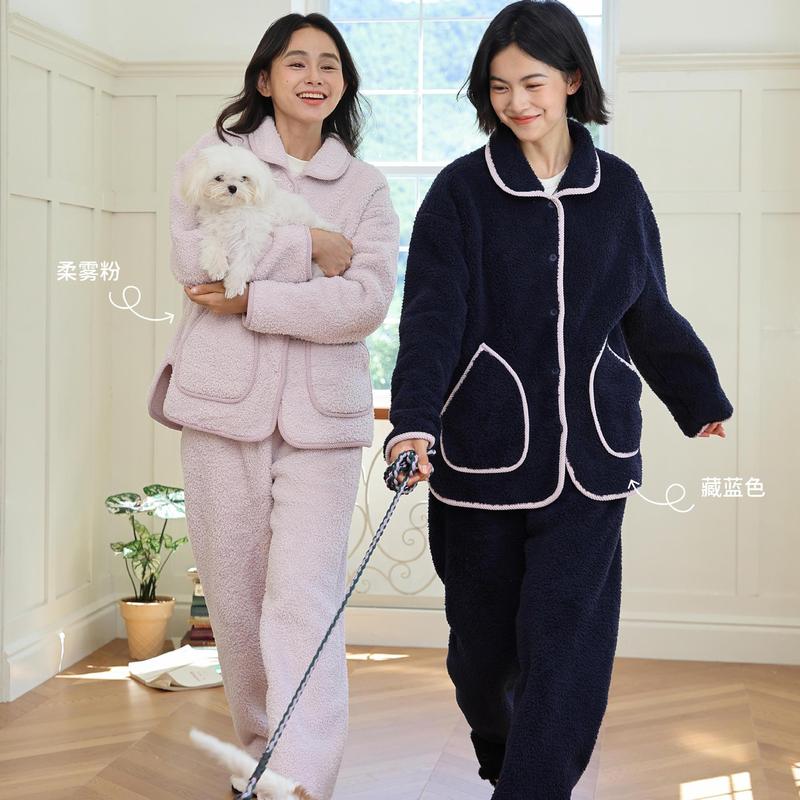 2025 Winter New Teddy Velvet Small Lapel Pajama Set Simple Casual Warm Thickened Homewear Two-Piece Set
