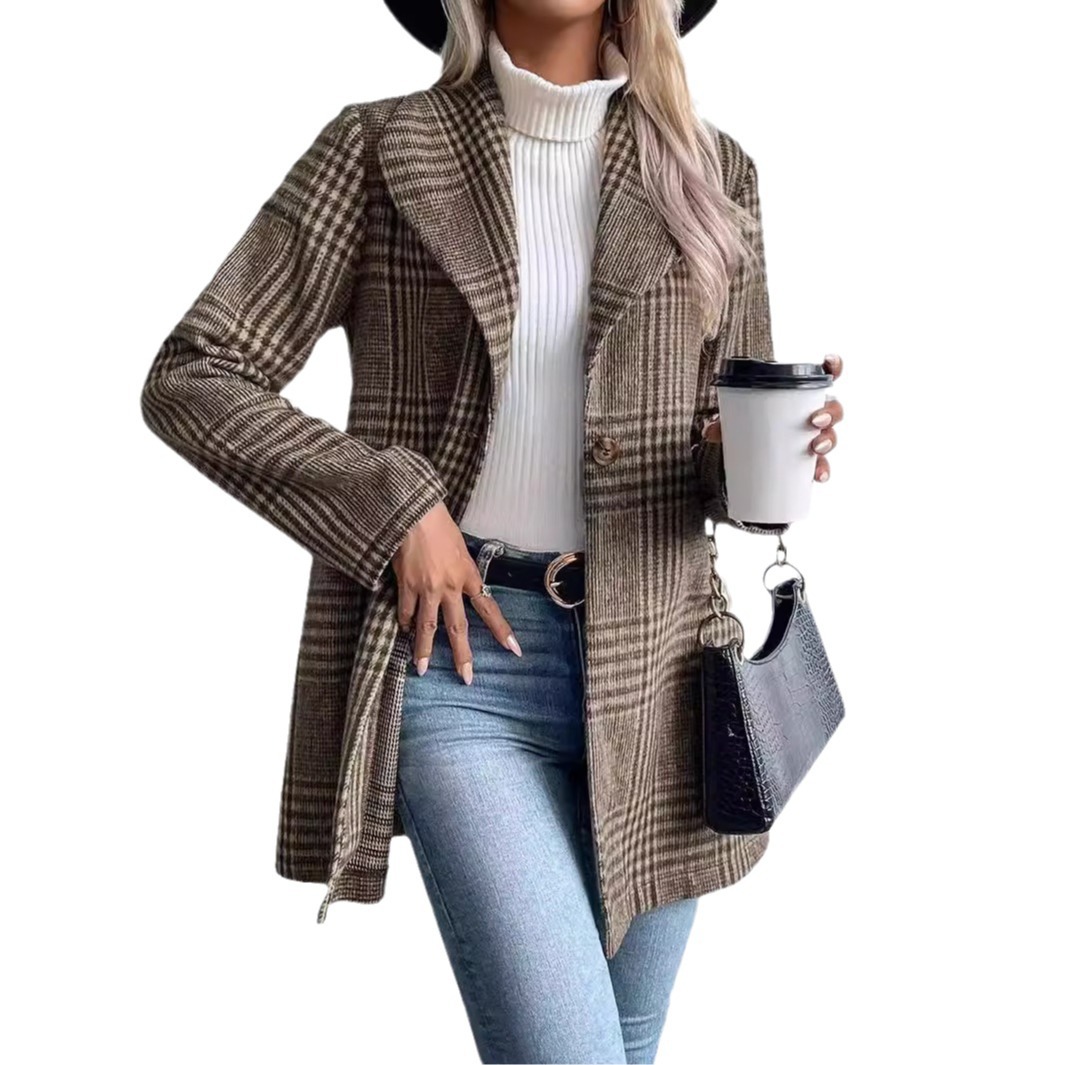 Damenbekleidung Herbst und Winter Damen Revers Wollkarierter Mantel Schlanker Temperamentmantel_voghion.com