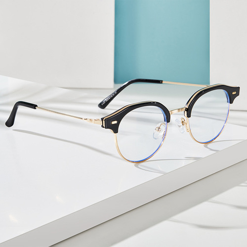 Trendy TR-frame glasses, vintage metal small frame, anti-blue light plain lenses, with millet-nail decorations—can be customized to fit myopia glasses frames.