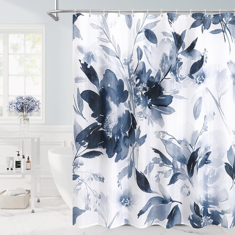 Cross-Border Shower Curtain Navy Blue Watercolor Floral Shower Curtain Digital Printing Bathroom Toilet Waterproof and Mildew-Proof Partition Curtain