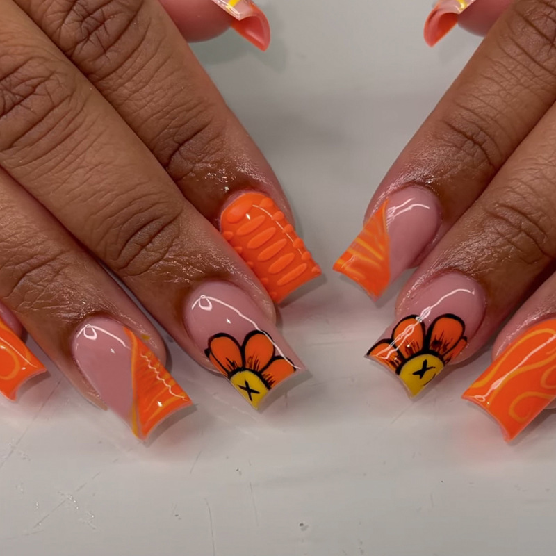 24 pieces short square orange flower stripes cute French style full set of fake nails European and American gradient wear finished product