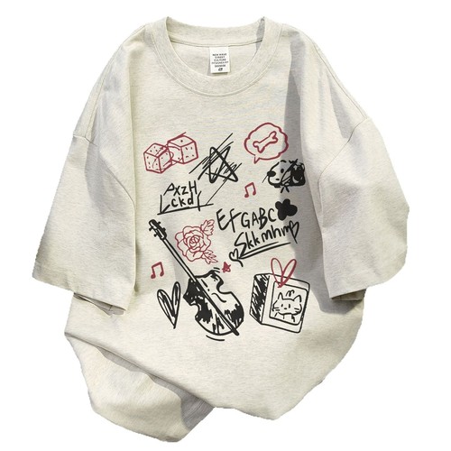 Vintage American-style personalized graffiti pure cotton short-sleeve t-shirt for men, summer trendy brand loose-fitting slimming college-style half-sleeve top