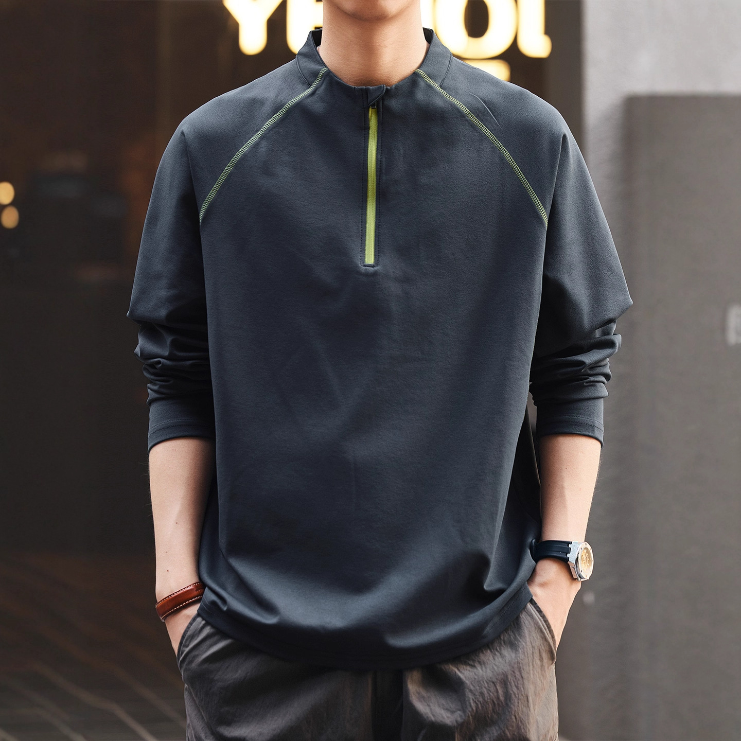 Green Deer Mountain Series Outdoor Cycling Hiking Long-Sleeved T-Shirt Men's Autum Trendy Brand Ins Half-Zip Sports Quick-Drying Clothing