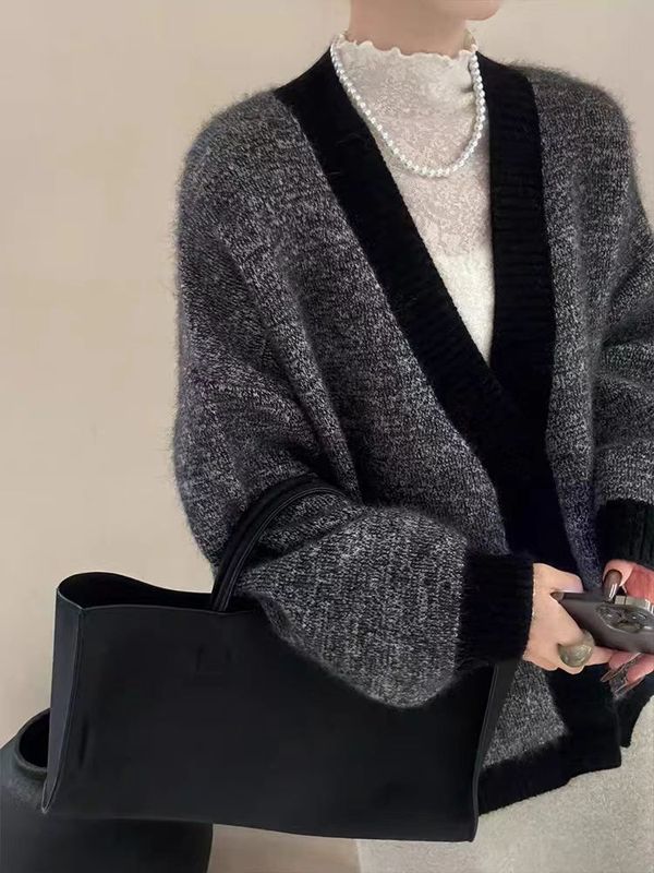 秋冬新款100%羊毛开衫女宽松v领中长款加厚百搭温柔系扣羊绒外套|undefined