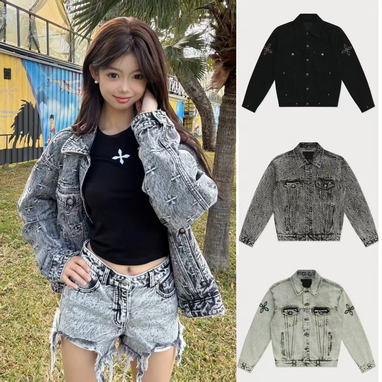 Sk Storm Garden Broad Denim Jacket Washed Cotton Black Retro Jacket 25 Spring New Style