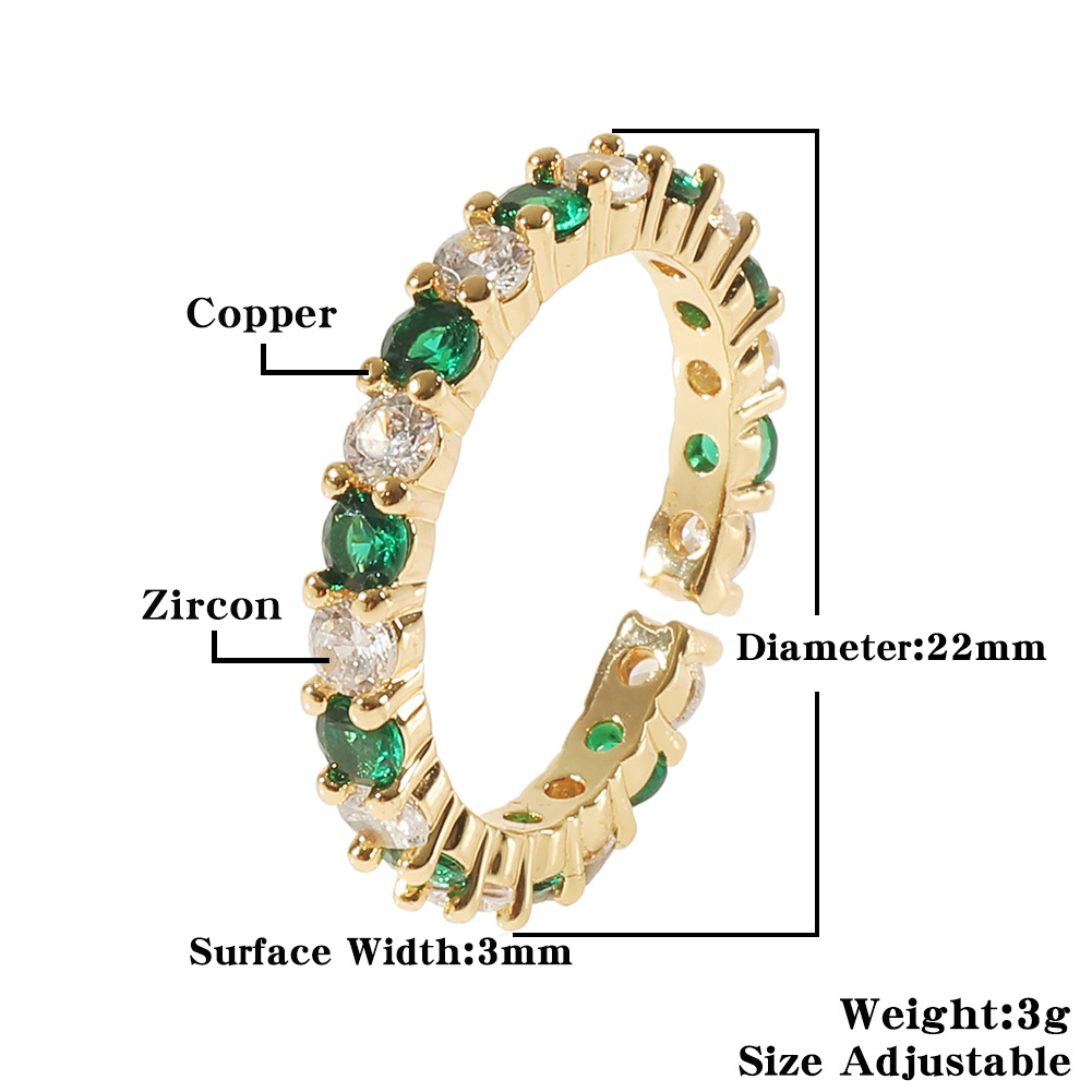 fashion copper micro-encrusted green and white zircon geometric tail ring female