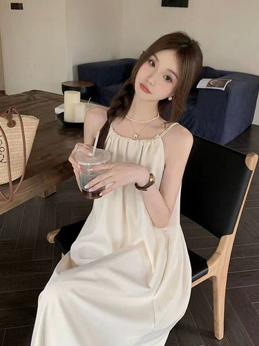 French suspender dress fairy summer sweet small fresh white dress seaside a-line loose sleeveless long dress
