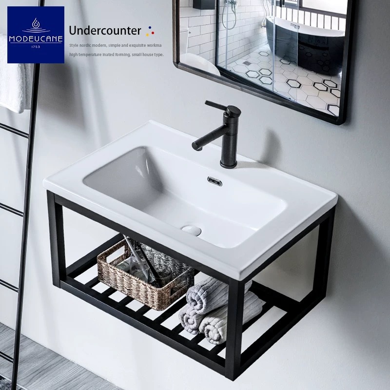 Wall-Mounted Bracket Washbasin Cabinet Combination Balcony Simple Stainless Steel Household Ceramic Washbasin Bathroom Washbasin
