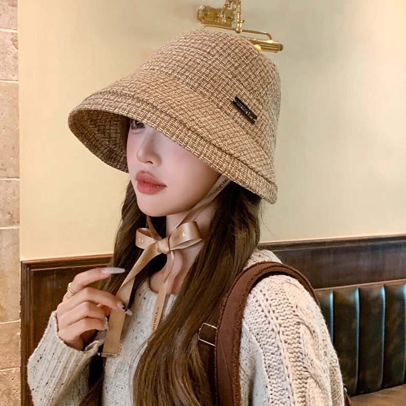秋冬季简约小香风格纹渔夫帽子女2025新款时尚百搭卷边显脸小盆帽|undefined