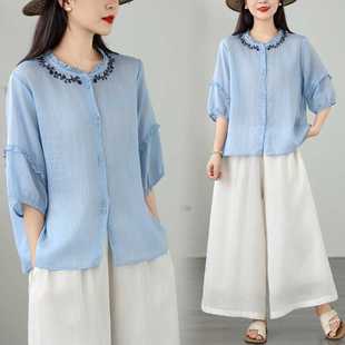 Real Shot of Embroidered Shirt, Artistic Temperament, Casual and Versatile 2025 Summer New Slim Round Neck Short-Sleeved Shirt for Women