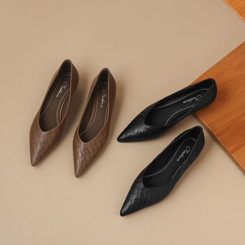 Giày đơn nữ mũi nhọn da cừu bện gót thấp 2.5cm phong cách Hàn — màu nâu chi tiết 20
