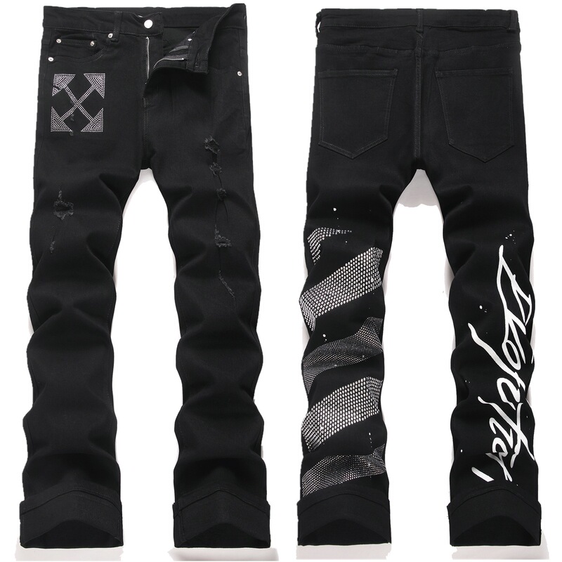 Cross-Border Foreign Trade European and American Denim Ripped Printed Rhinestone Cool Amazon Youth Men's Personalized Trendy Bootcut Pants