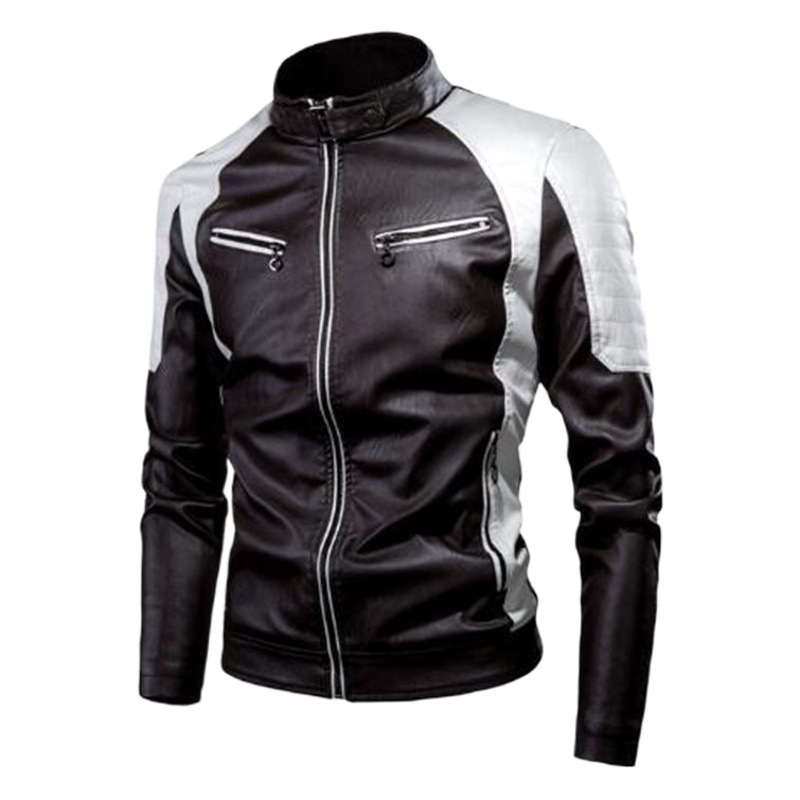 2020 Comercio exterior transfronterizo Otoño e Invierno chaqueta de cuero de costura de motocicleta casual cuello de pie de moda de los hombres chaqueta de cuero caliente Retro