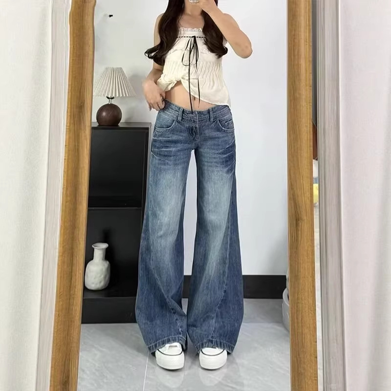 Low-Waist Pocket Design Jeans for Women, Spring and Summer, American Retro Style, Washed and Distressed, Loose Wide-Leg Pants, Cotton Low-Waist Pocket Design Jeans for Women, Spring and Summer, American Retro Style, Washed and Distressed, Loose Wide-Leg Pants, Cotton
