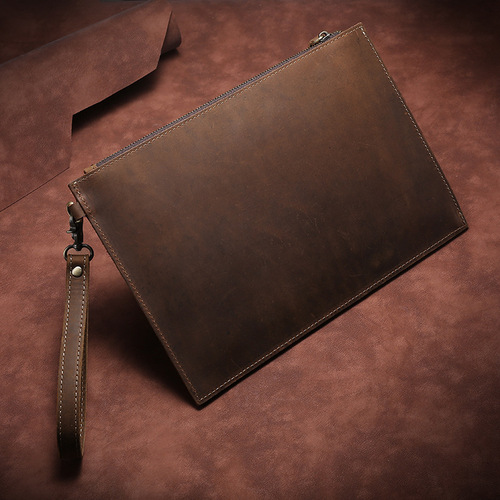 Retro genuine leather men's bag Crazy Horse Leather Street Fashion Clutch Men's Handbag Document Bag Business Handbag Europe and America