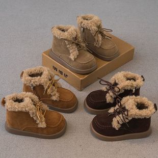 Children's Cotton Boots 2024 Winter New Boys' Shoes Girls' Mao Mao Boots Two Cotton fleece-lined Boots Baby Leather Boots Trendy