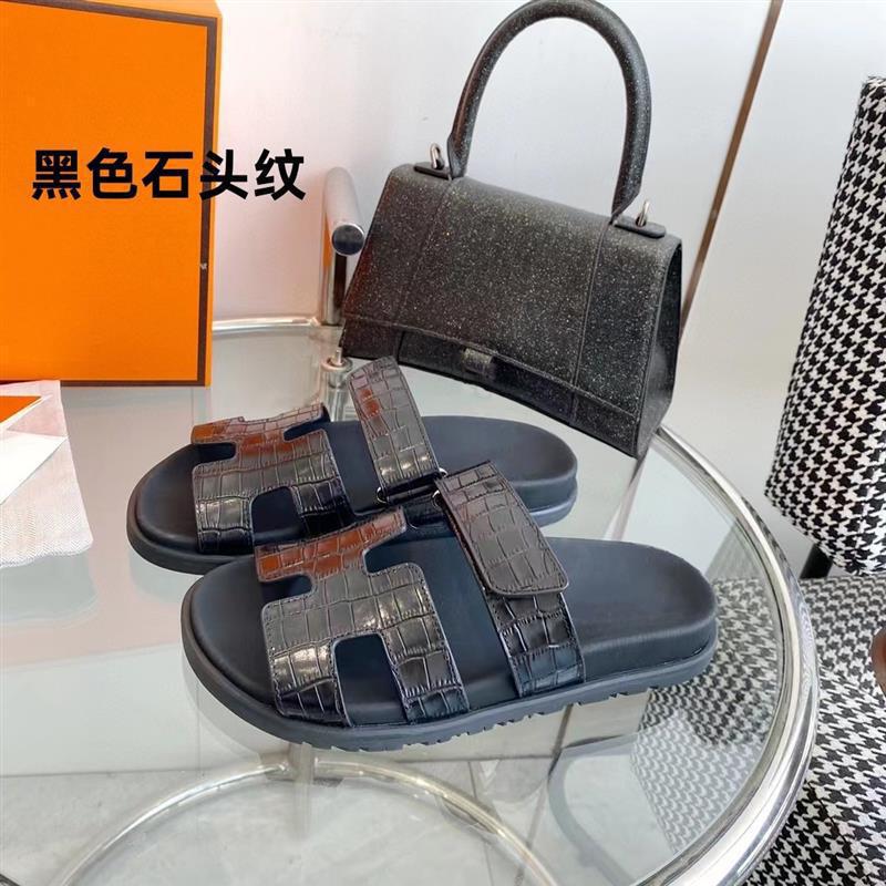 女性用の高品質の二級サンダル、ビーチ用の第一層牛革ベルクロスリッポン、男性用のフラットビッグブランドスリッパ|undefined