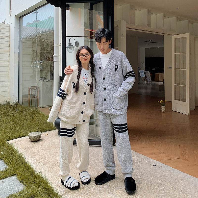 하프 벨벳 커플 느슨한 잠옷 여성 기모 두꺼운 대비 카디건 고급 편안한 봉제 홈 의류