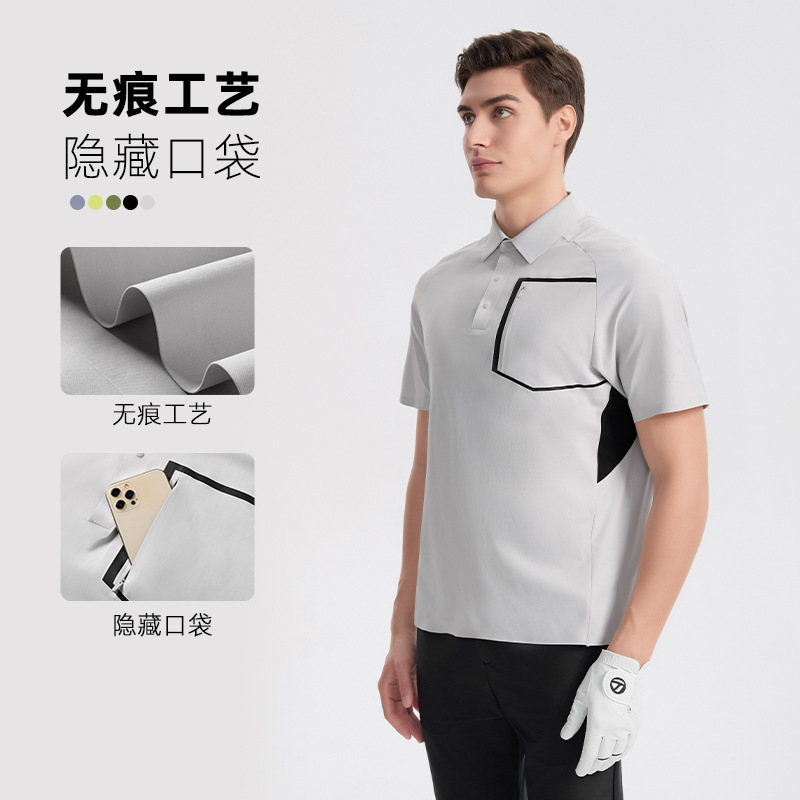 Summer New Business Polo Shirt Golf Men's High-End Quick-Drying Stand-Up Collar Pocket Design Top