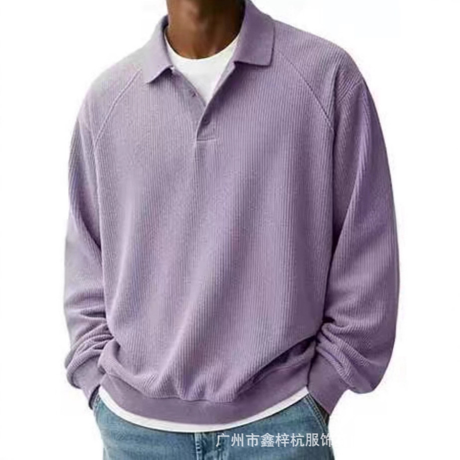 跨境批发翻领休闲肌理纹领卫衣男款秋冬感宽松休闲针织衫休闲百搭