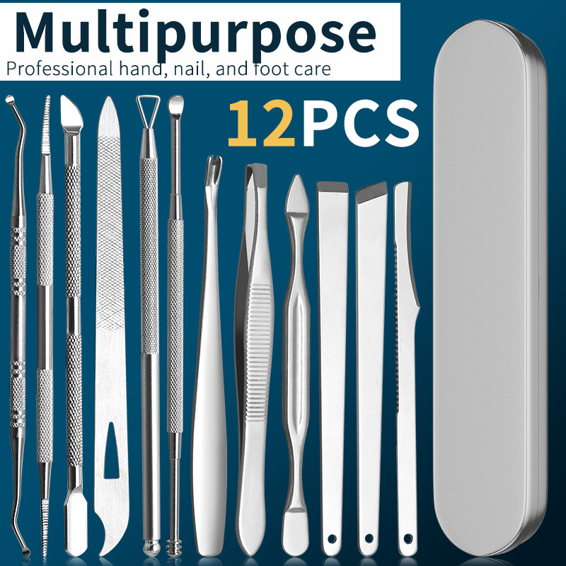 Cross-Border Stainless Steel Pedicure Knife Set, Steel Pusher, Cuticle Remover, Double-Ended Nail Picker, Nail File, Iron Box, 12-Piece Set
