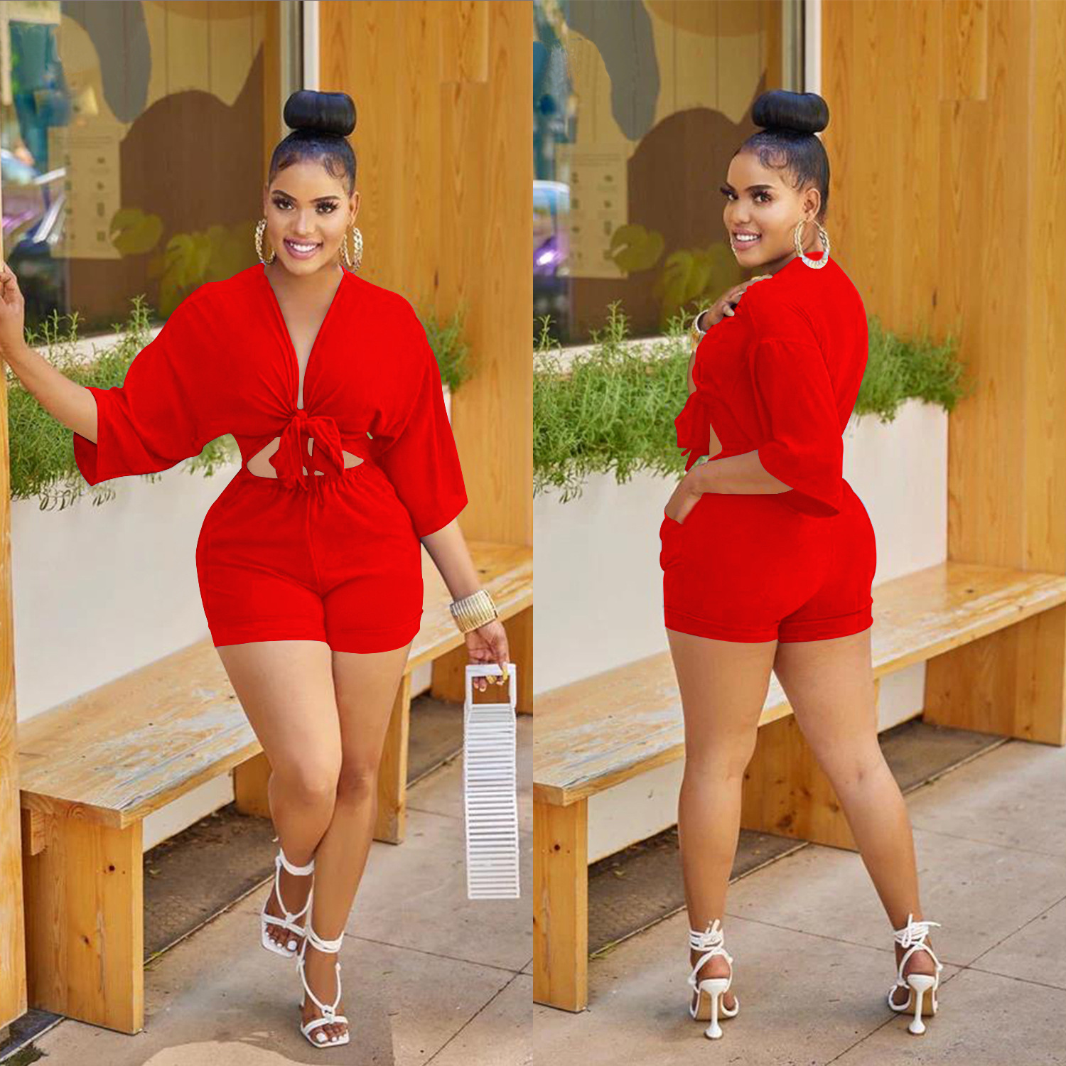C5973 Spot AliExpress transfronterizo Amazon Pantalones cortos de mujer de moda europea y americana Camisa de imitación de manga media Mono mujer image 4