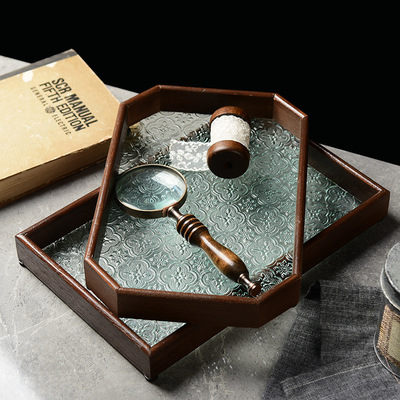 海棠压花玻璃托盘 胡桃色长方形茶盘收纳摆件茶水杯子水果点心盘