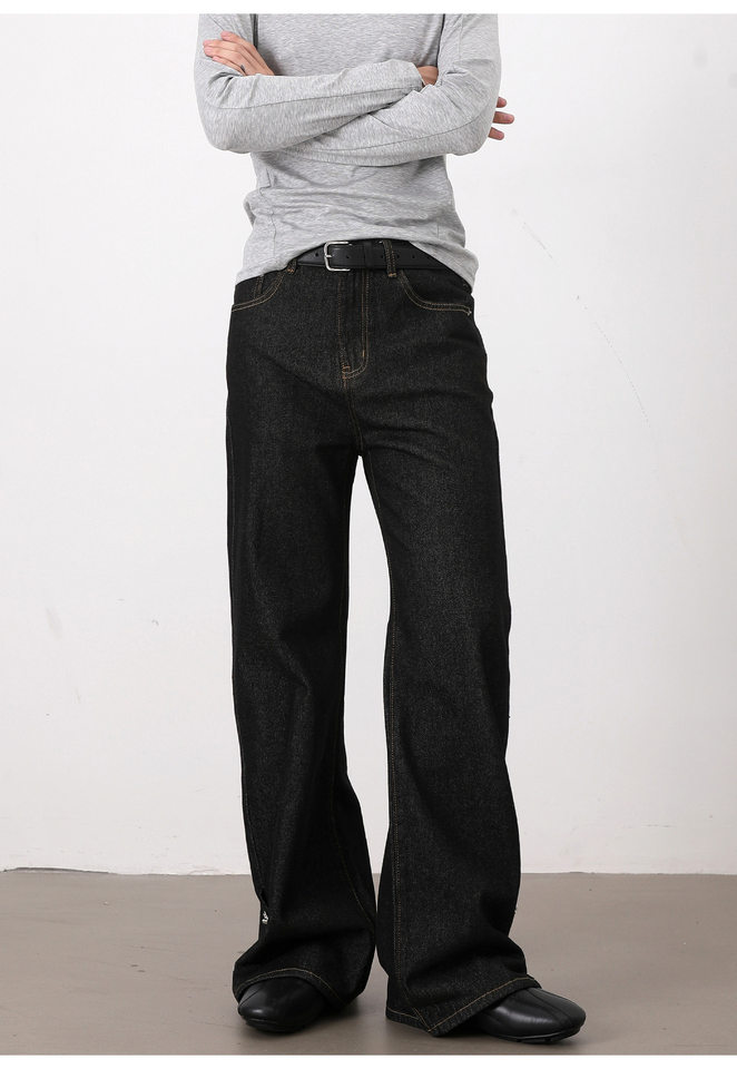Quần jeans nam ống loe nhẹ denim thô đen, cạp vừa, dáng cơ bản, dài quần — Denim đen chi tiết 13