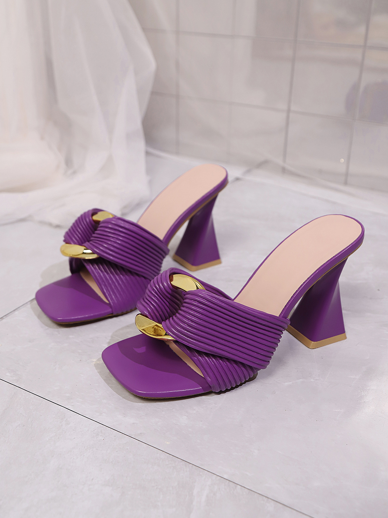 plus Size Women's Elegant Square Toe Sandals High Heels Chunky Heel Metal Buckle Sexy Style New Summer Export_vogvips.com