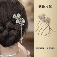珍珠花朵流苏发簪盘发新中式簪子旗袍汉服发饰后脑勺气质步摇发梳